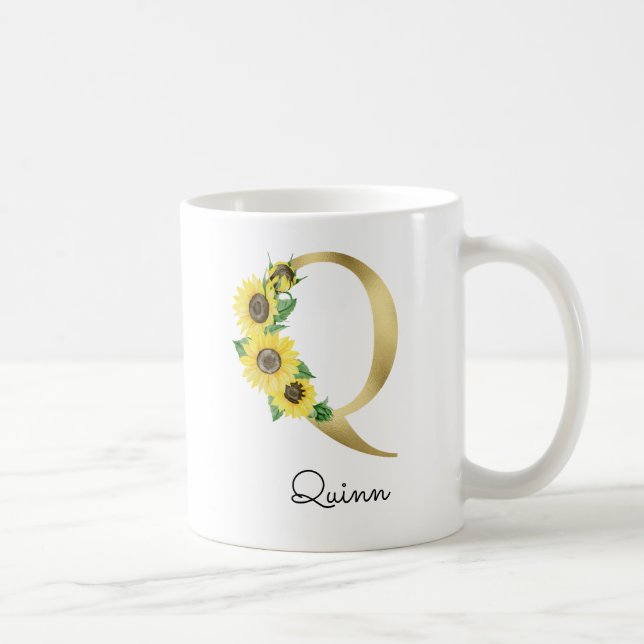Caneca De Café Girassol Inicial Q Dourado Monogramado (Direita)