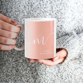 Caneca De Café Girassol Monograma Script Calliografia Coral Rosa