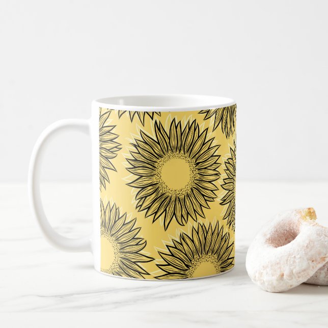 Caneca De Café Girassol Rústico Floral Desenhado à Mão (Com Donut)