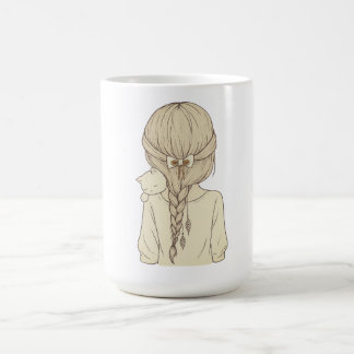 Caneca De Café Girl with Braid and Cat Illustration – Soft Pastel