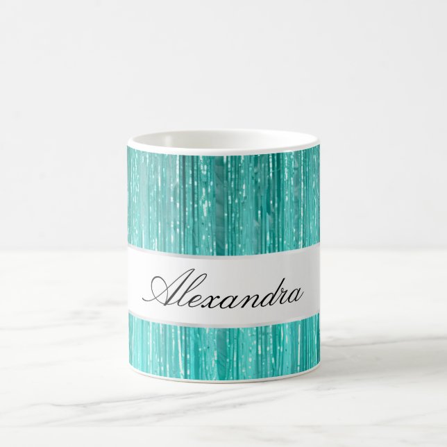 Caneca De Café Girly Aqua Mint Glam Glitzy Tinsel Stripes (Centro)