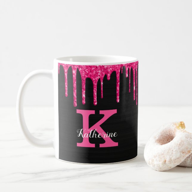 Caneca De Café Girly Black Hot Pink Glitter Drives Nome do Monogr (Com Donut)