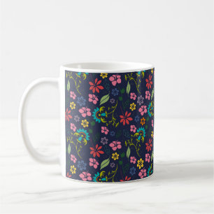 Caneca De Café Girly Bohemian Flores Marinho Azul e Rosa
