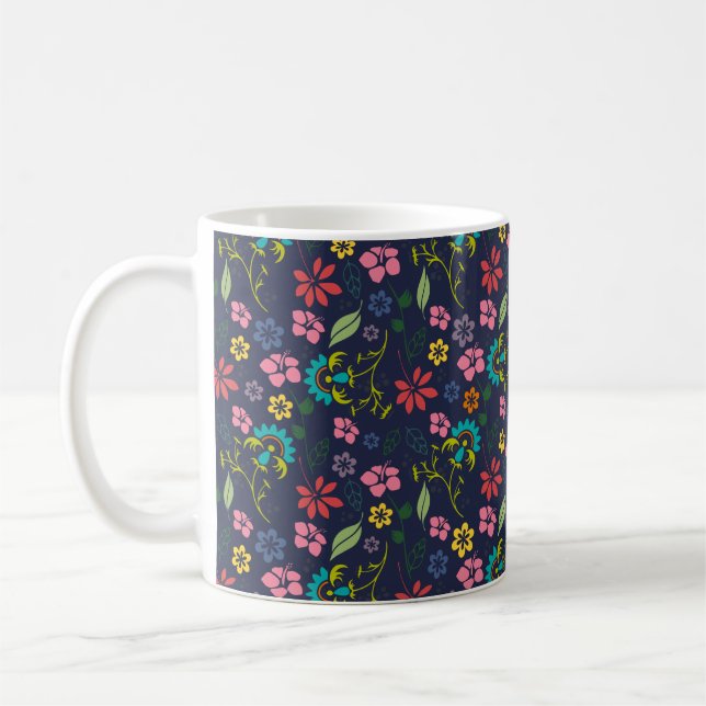 Caneca De Café Girly Bohemian Flores Marinho Azul e Rosa (Esquerda)