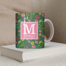 Caneca De Café Girly Bohemian Flowers Forest Green Pink Monograma