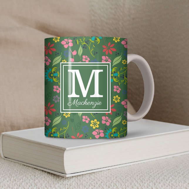 Caneca De Café Girly Bohemian Flowers Forest Monograma Verde (Girly Bohemian Flowers Forest Green Monogram Coffee Mug)