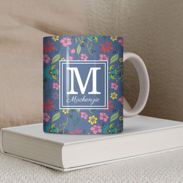 Caneca De Café Girly Bohemian Flowers Monograma (Girly Bohemian Flowers Blue Monogram Coffee Mug)