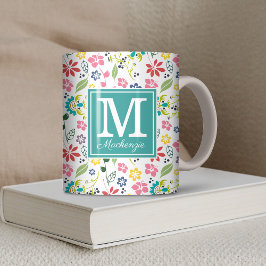 Caneca De Café Girly Colorful Bohemian Spring Flowers Monograma