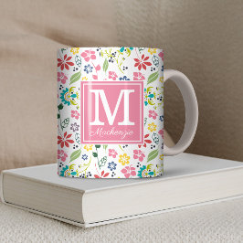 Caneca De Café Girly Colorful Bohemian Spring Flowers Monograma