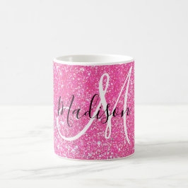 Caneca De Café Girly Glam Rosa Quente Brilho Brilhos Monograma No