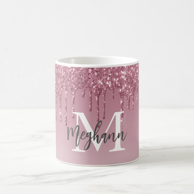 Caneca De Café Girly Glam Rosa Rosa Rosa Dourada Glitter Gota Mon (Centro)