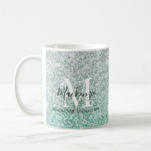 Caneca De Café Girly Green Silver Ombre Glitter Nome do Monograma