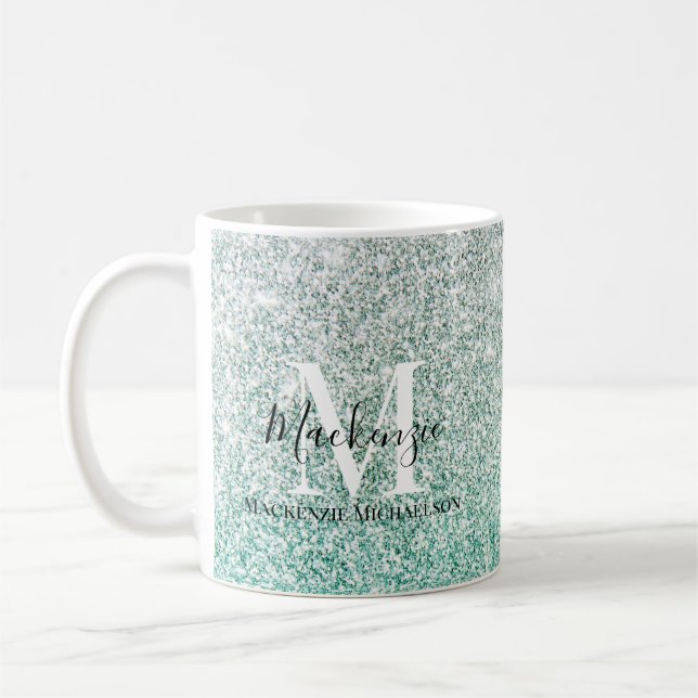 Caneca De Café Girly Green Silver Ombre Glitter Nome do Monograma (Esquerda)