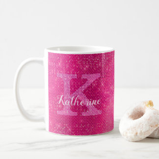 Caneca De Café Girly Hot Pink Glitter Sparkle Glam Monograma Nome