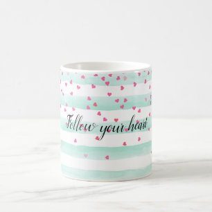 Caneca De Café Girly Mint White Stripes Rosa Confetti Corações  