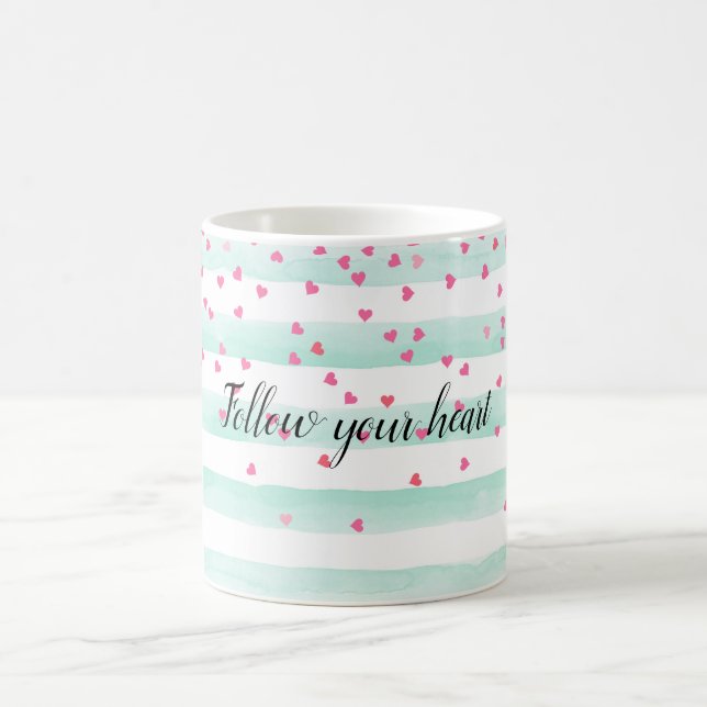 Caneca De Café Girly Mint White Stripes Rosa Confetti Corações   (Centro)