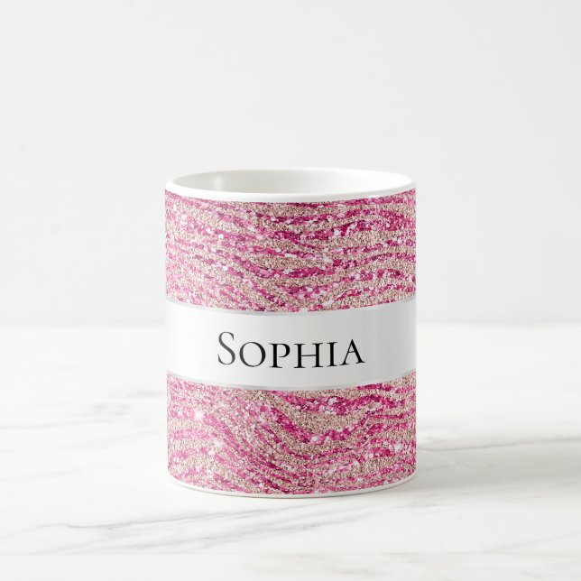 Caneca De Café Girly Pink e Blush Glitter Zebra Name (Centro)