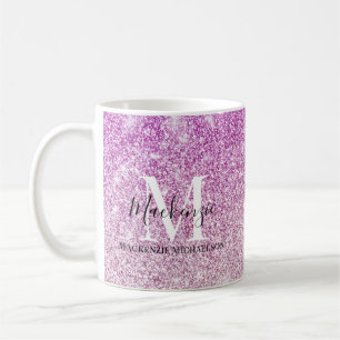 Caneca De Café Girly Pink Ombre Glitter Monographic Name