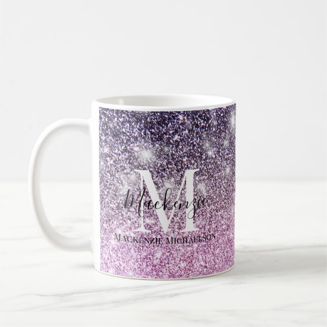 Caneca De Café Girly Pink Roxo Ombre Glitter Nome do Monograma (Esquerda)