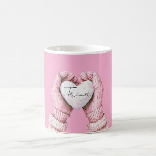 Caneca De Café Girly Pink Winter Luvas White Heart