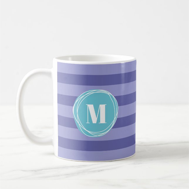 Caneca De Café Girly Purple Aqua Stripes Monograma (Esquerda)