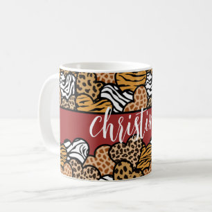 Caneca De Café Girly Red Playful Animal Print Hearts Name
