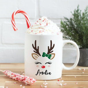 Caneca De Café Girly Reindeer Face Personalizada Nome Natal