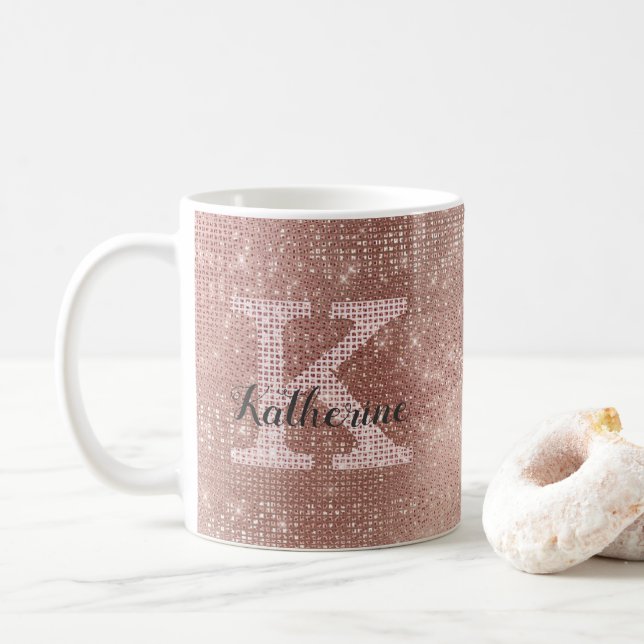 Caneca De Café Girly Rosa Dourado Glitter Sparkle Glam Monographi (Com Donut)