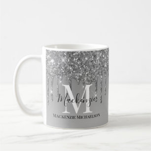 Caneca De Café Girly Silver Cinza Glitter Nome do Monograma