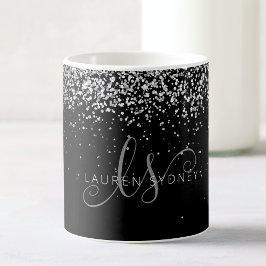 Caneca De Café Glam Black Silver Glitter Monograma Nome Café Mug