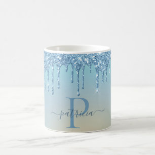 Caneca De Café Glam Blue Glitter Drives Elegante Monograma