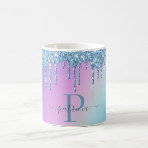 Caneca De Café Glam Blue Glitter Drives Elegante Monograma