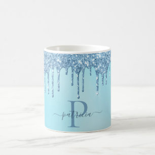 Caneca De Café Glam Blue Glitter Drives Elegante Monograma