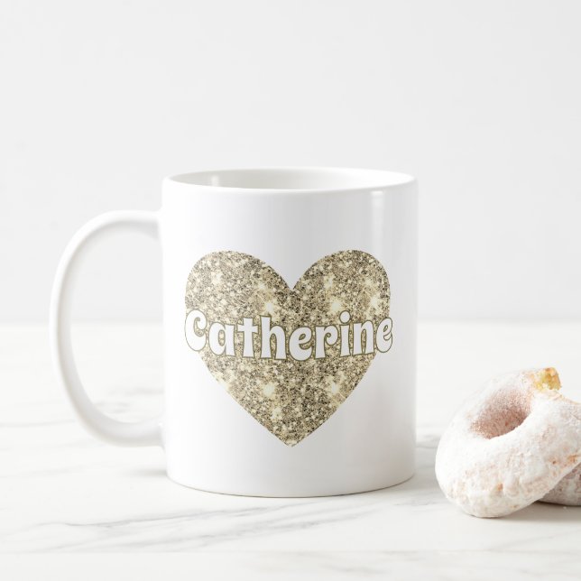 Caneca De Café Glam Girly Ouro Brilho Coração Nome  (Com Donut)