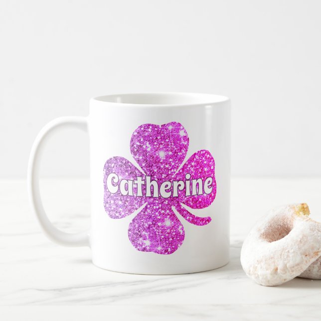 Caneca De Café Glam Girly Rosa Brilhante Brilho Trevo da Sorte No (Com Donut)