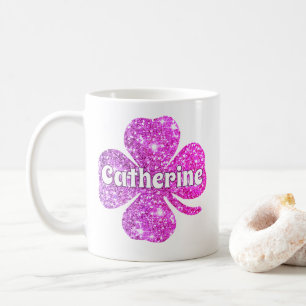Caneca De Café Glam Girly Rosa Choque Brilho Trevo da Sorte Nome