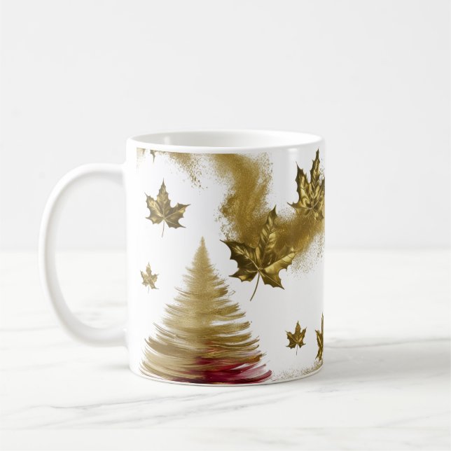 Caneca De Café Glam Gold Maple Leaves Abstract Christmas Tree  (Esquerda)