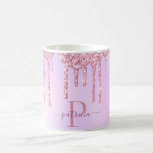 Caneca De Café Glam Pink Glitter Drives Monograma Elegante
