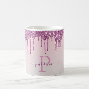 Caneca De Café Glam Pink Glitter Drives Monograma Elegante