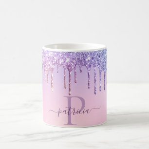 Caneca De Café Glam Purple Glitter Drives Monograma Elegante