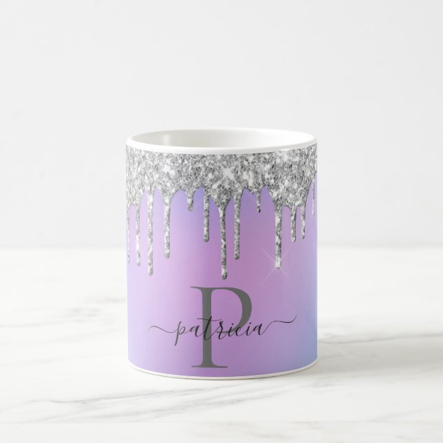 Caneca De Café Glam Silver Glitter Drives Monograma Elegante (Centro)