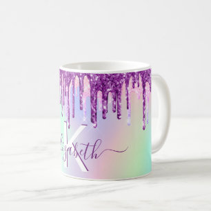 Caneca De Café Glitter arco-íris goteja monograma roxo rosa