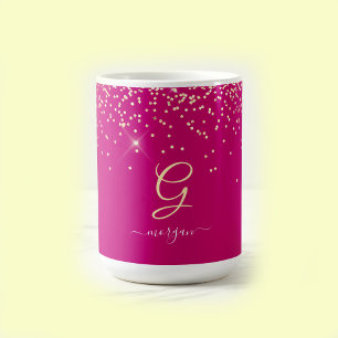 Caneca De Café Glitter Dourado & Monograma Nome em Letra Branca, 