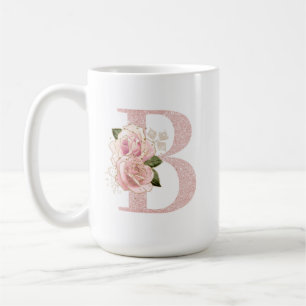 Caneca De Café Glitter Floral Monograma B com Rosa Dourado de Gir