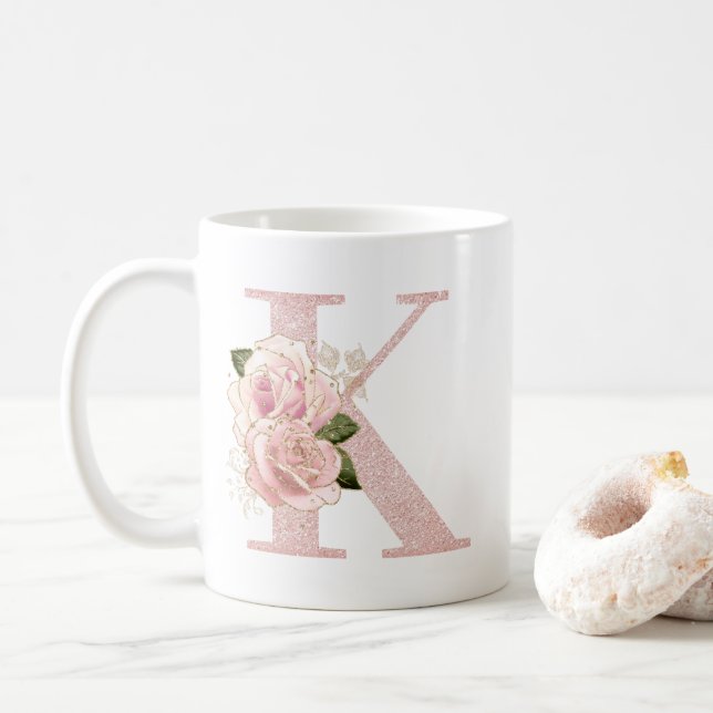 Caneca De Café Glitter Floral Monograma K Rosa Dourado Girly (Com Donut)