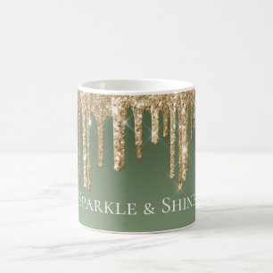 Caneca De Café Glitter Glitter Verde Dourado Sage
