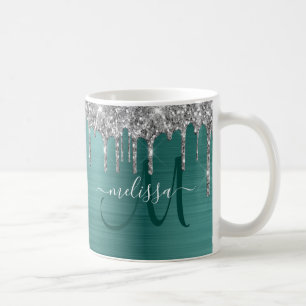 Caneca De Café Glitter Gota Monograma de Metal Bruto Teal