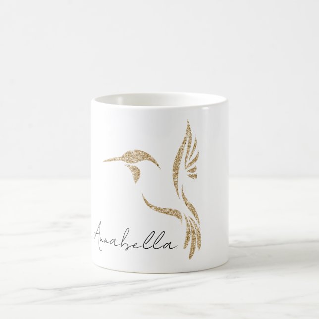 Caneca De Café Glitter Hummingbird Dourado e Nome Personalizado (Centro)
