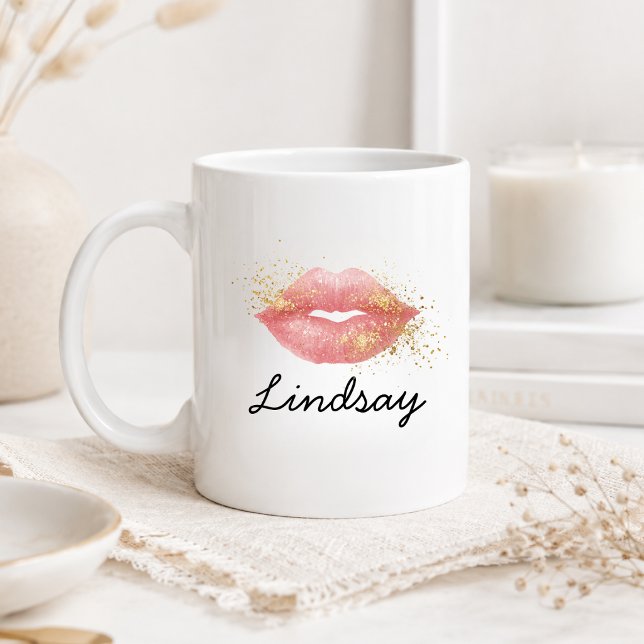 Caneca De Café Glitter Lábios Rosa Personalizados (Personalized Pink Lips Glitter Coffee Mug)