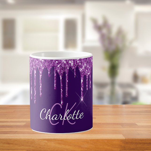 Caneca De Café Glitter roxo gota nome monograma script (Criador carregado)
